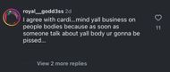 The comment section under @livebitez's post about Cardi B clapping back at a TikTok user's comment on her body. (Image via X/@livebitez)